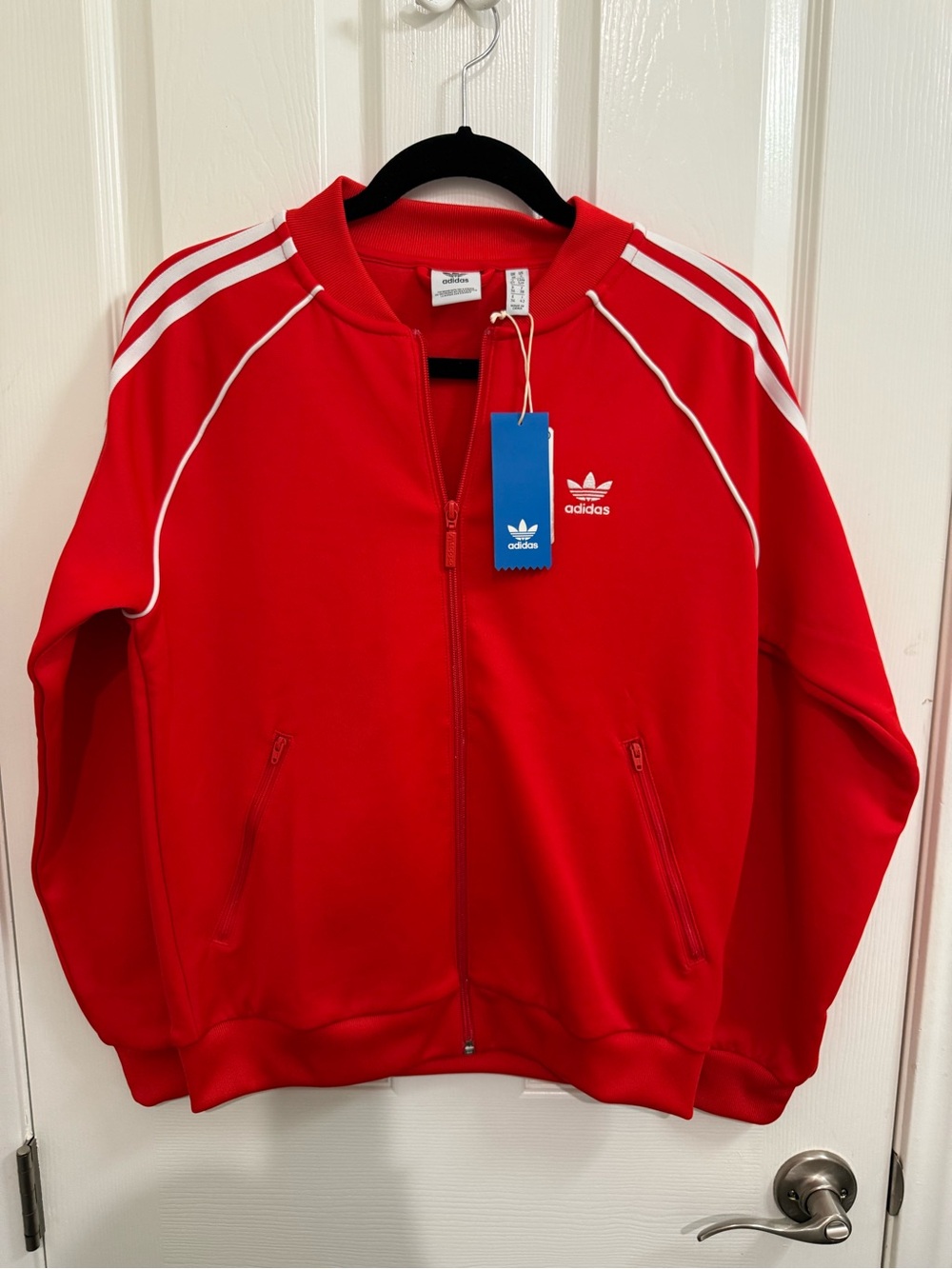 adidas Red Track Jacket with White Piping and Stripes